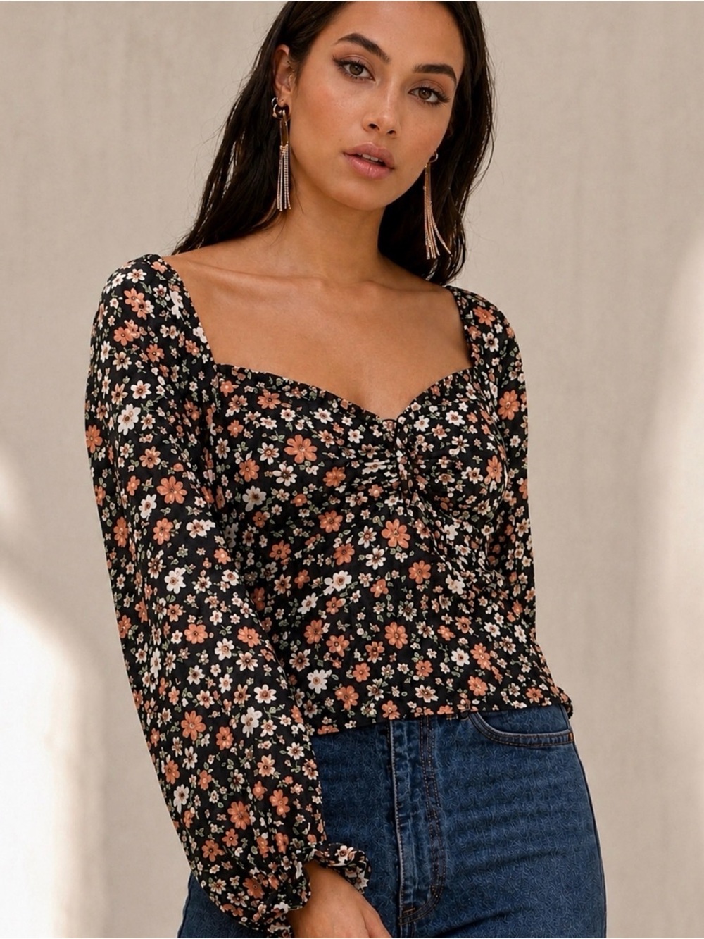 Revolve ASTR The Label Floral Ruched Puff Sleeve Top Size M